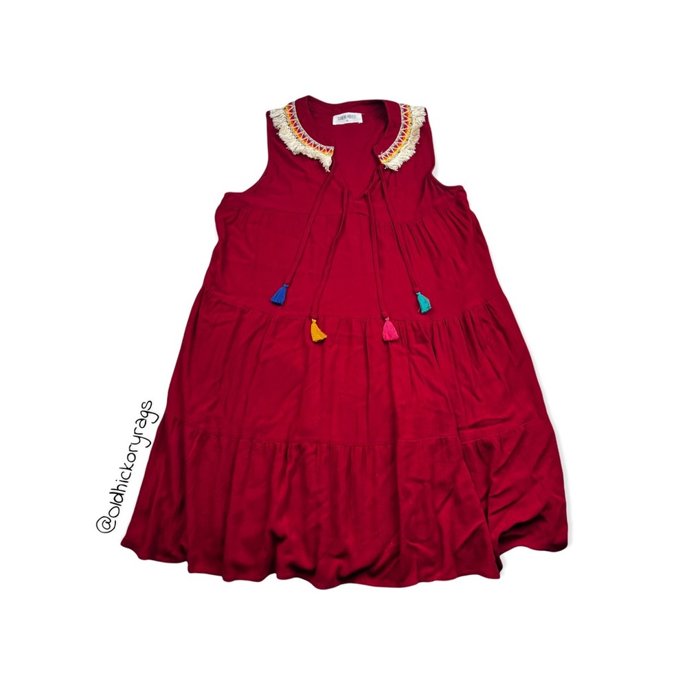 Current + Project Deep Red Boho Sleeveless Dress Tassels & Fringe - Size Medium